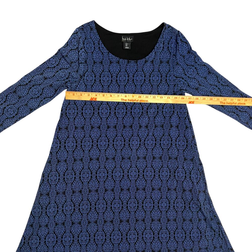 Nicole Miller New York Black Blue Print 3/4 Sleeve Shift Swing Dress Size Small - Picture 5 of 9